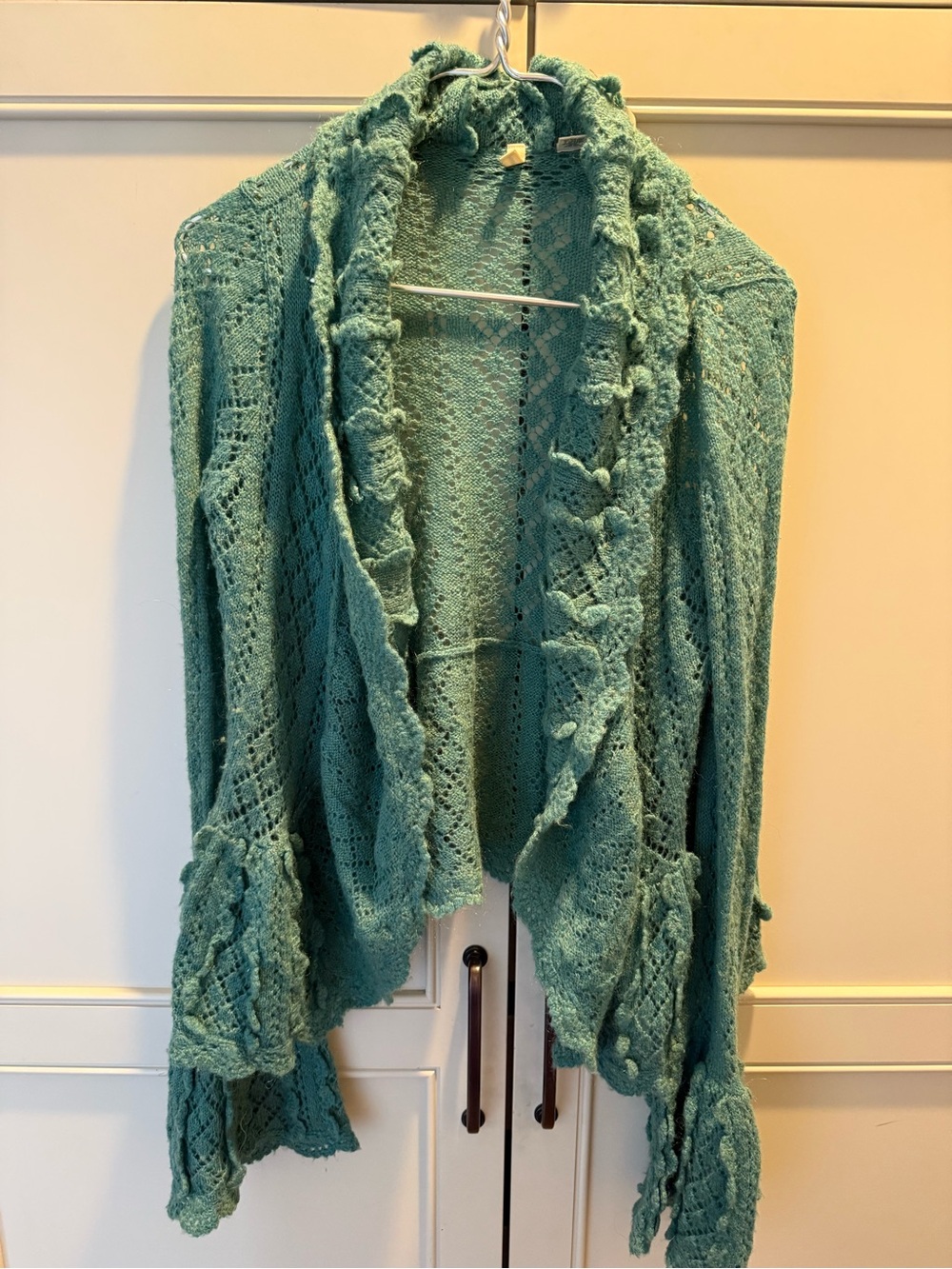 Moth Teal Open-Front Ruffle Knit Cardigan